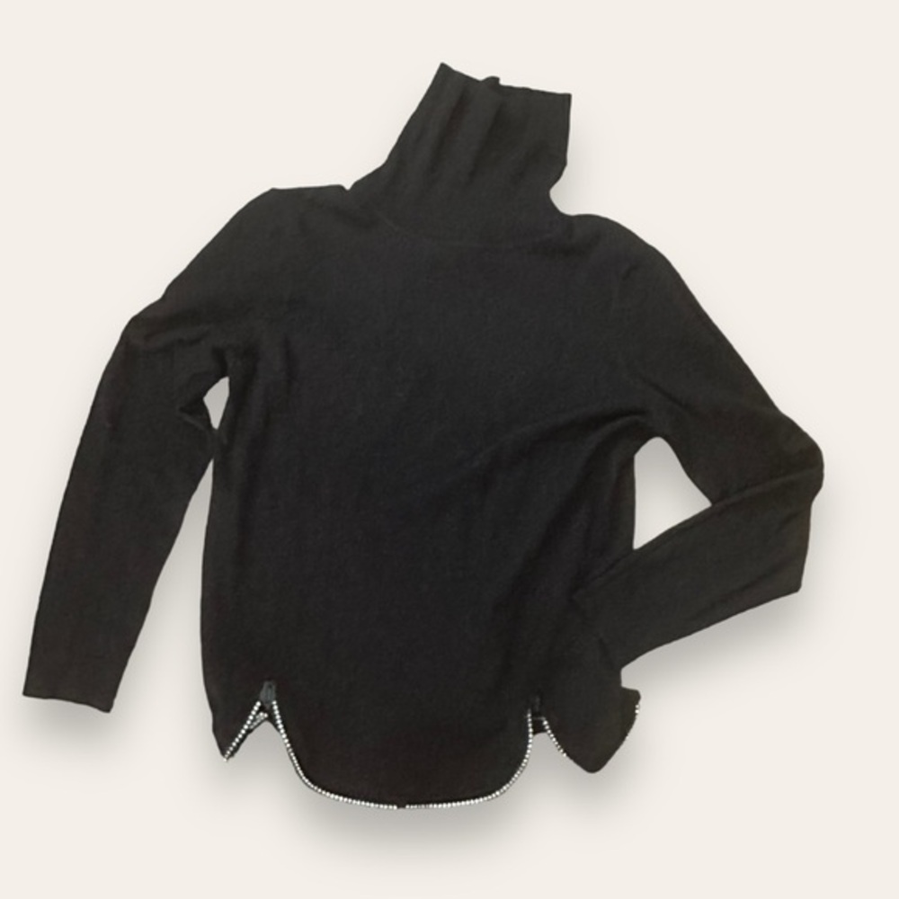 Lola B. black sweater with scalloped zipper trim